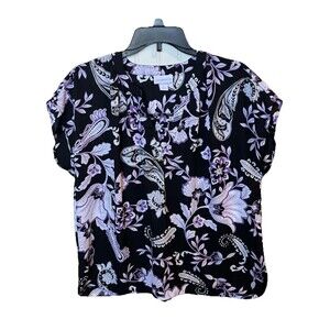 Liz Claiborne Women's Short Sleeve Blouse Black White Purple Pleated Back Large